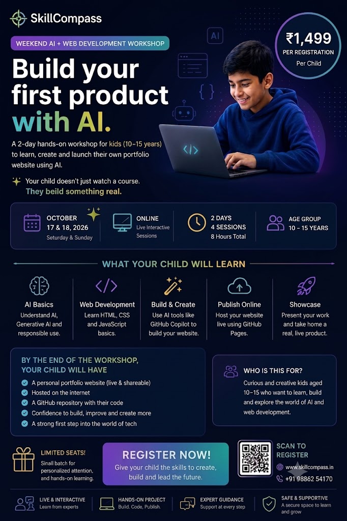 Build Your First Product with AI workshop brochure for children aged 10 to 15